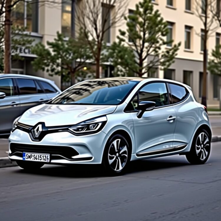A sleek Renault Clio parked in an urban setting, showcasing its modern design and compact size, ideal for first-time car buyers.