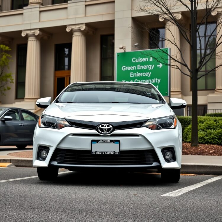 A Toyota Corolla Hybrid parked near a government building with a green energy sign, symbolizing the intersection of high MPG vehicles and environmental policy incentives.