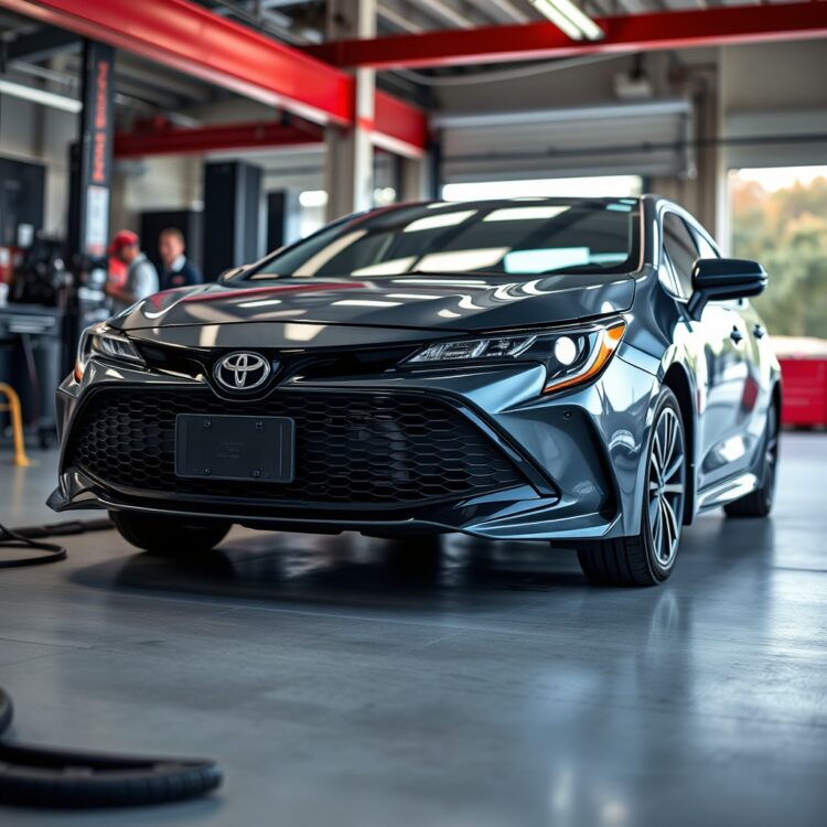 A professional stock photo of a Toyota Corolla Hybrid undergoing routine maintenance at a service center, highlighting the importance of battery care and long-term durability practices.