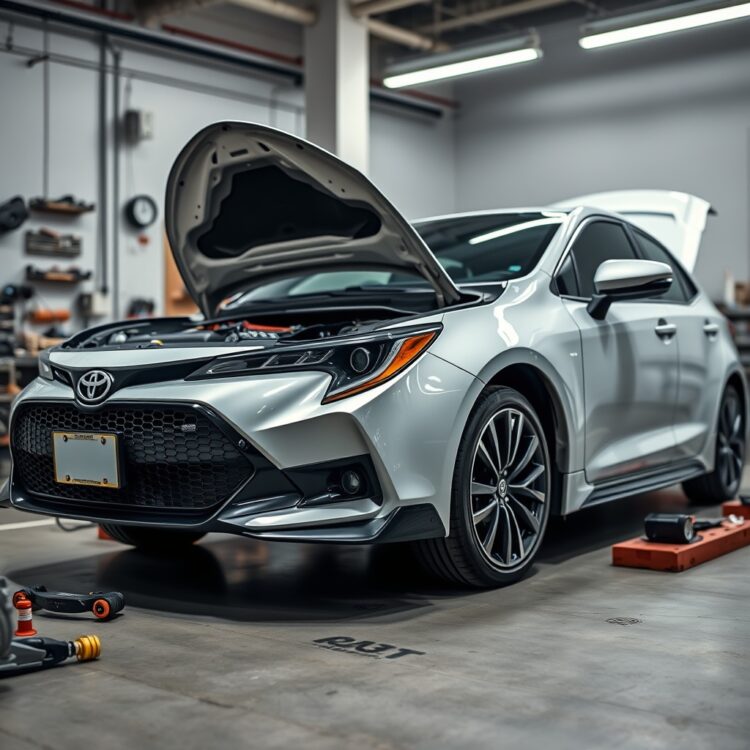 A professional stock photo of a Toyota Corolla Hybrid with aftermarket parts being installed, illustrating safe modifications that can enhance the vehicle's lifespan.