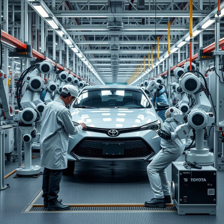 A high-tech Toyota manufacturing plant with workers and robots assembling the Corolla Hybrid, showcasing the blend of human expertise and automation in production.