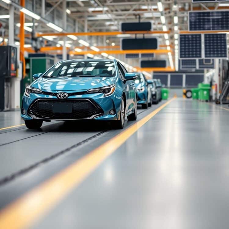 A Toyota Corolla Hybrid on an assembly line with a focus on recycling bins and solar panels in the background, highlighting sustainable manufacturing practices.