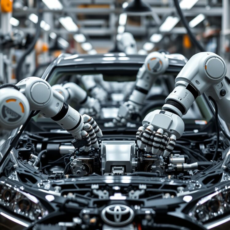 A close-up of robotic arms precisely assembling parts of a Toyota Corolla Hybrid, illustrating the advanced automation in Toyota's manufacturing process.
