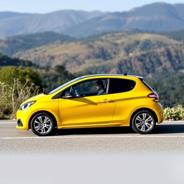 A stylish Peugeot 208 in a vibrant color, parked on a scenic road, highlighting its appeal to young drivers and its efficient performance.