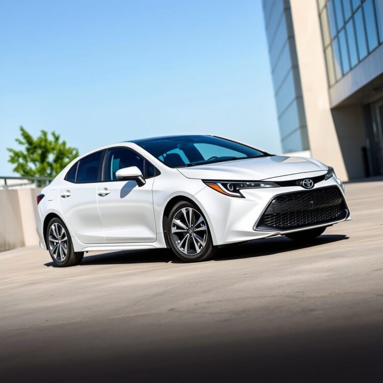 A sleek Toyota Corolla Hybrid parked in a modern urban setting, showcasing its design and hybrid technology under a clear blue sky.