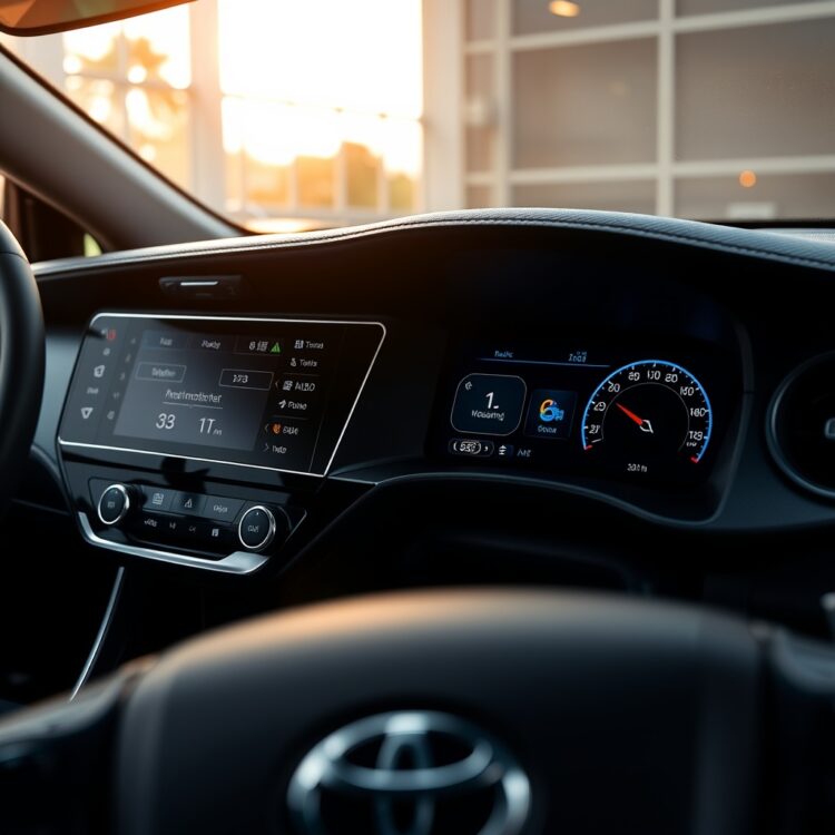 A detailed close-up of a Toyota Corolla Hybrid's dashboard and infotainment system, highlighting the advanced technology and connectivity features in a well-lit interior.
