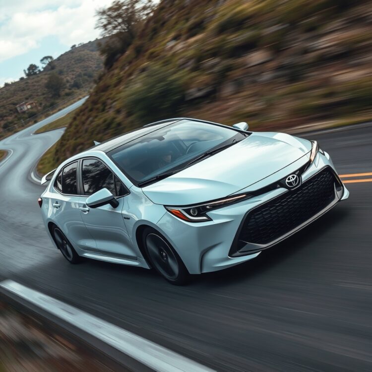 A dynamic shot of a Toyota Corolla Hybrid in motion on a winding road, emphasizing its performance and driving dynamics for enthusiasts.