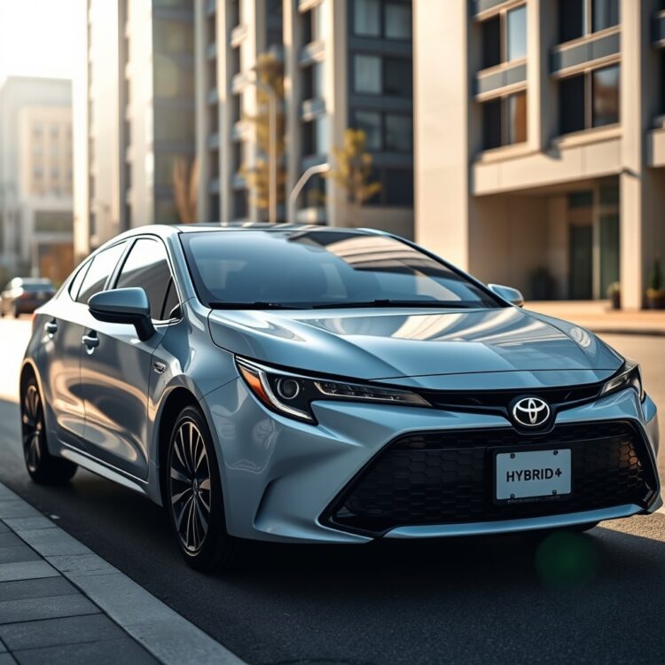 A sleek Toyota Corolla Hybrid parked in a modern urban setting, showcasing its eco-friendly design and advanced technology features under the sunlight.