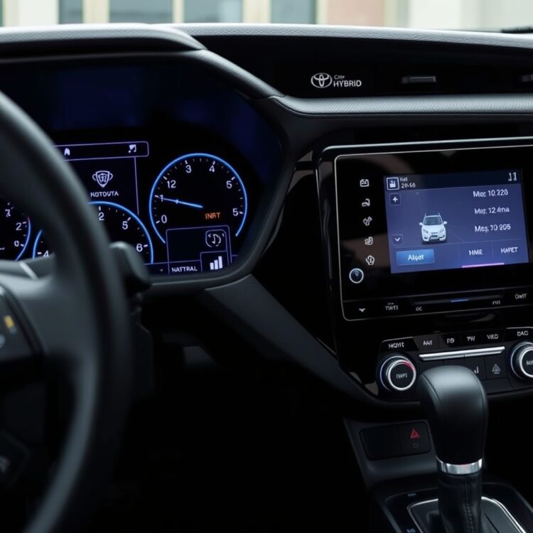 A detailed close-up of a Toyota Corolla Hybrid's dashboard and infotainment system, highlighting the vehicle's technology and safety features in a premium interior setting.
