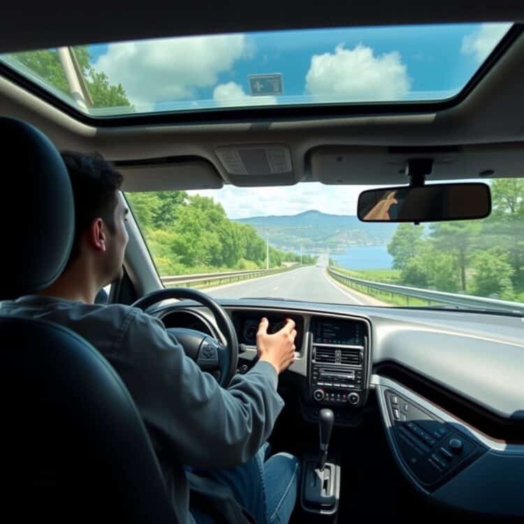 A Toyota Corolla Hybrid being test-driven on a scenic route, capturing the vehicle's performance and the driver's satisfaction in a real-world driving scenario.
