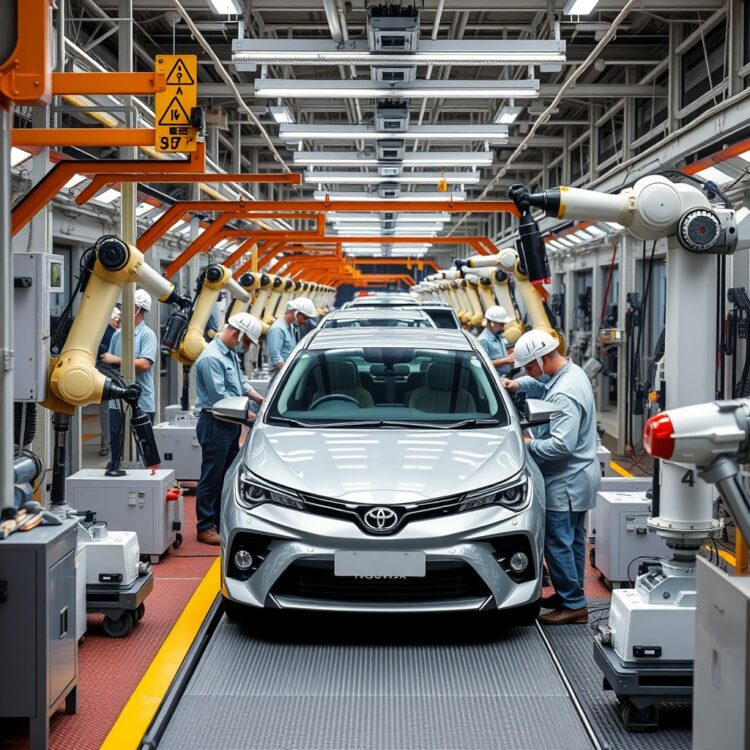 A high-quality, professional stock photo of a Toyota Corolla assembly line in the UK, showcasing workers and robots collaborating in the manufacturing process, with a focus on the precision and technology involved.