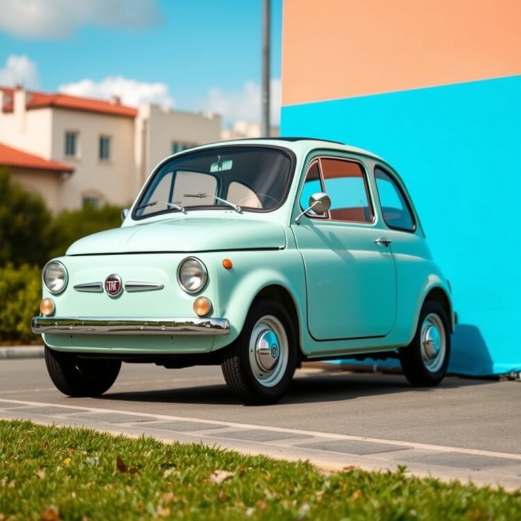 A charming Fiat 500 in a classic setting, emphasizing its iconic design and compactness, perfect for city driving and first-time owners.