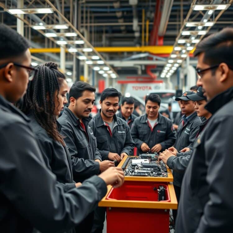 A professional stock photo depicting a diverse group of Toyota employees in the UK plant participating in a training session, highlighting teamwork, skill development, and the company's commitment to workforce excellence.