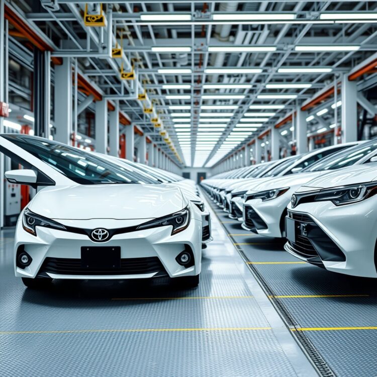 A sleek, professional stock image of the Toyota Corolla hybrid models lined up inside the UK manufacturing plant, emphasizing innovation, sustainability, and the future of automotive production.