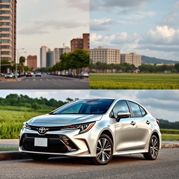 A professional stock photo of a Toyota Corolla parked in different urban and rural settings to illustrate the impact of location on pricing, with a focus on the car's design and environment.