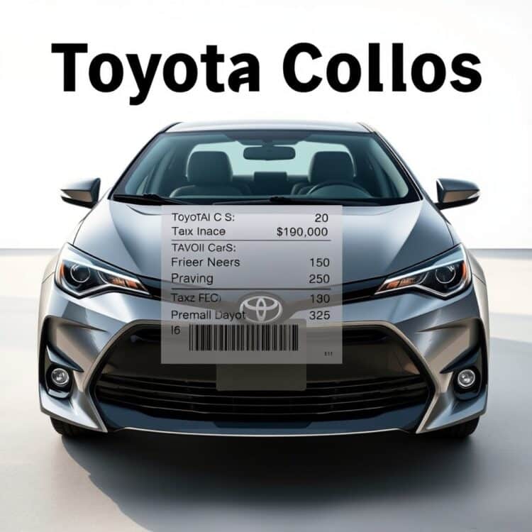 A high-quality stock image showcasing a Toyota Corolla with a transparent pricing label overlay, highlighting the importance of understanding additional costs like taxes, fees, and insurance.