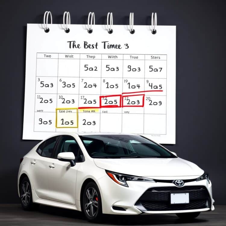 An engaging stock photo of a calendar marked with the best times to buy a car, alongside a Toyota Corolla, emphasizing strategic timing for the best purchase price.