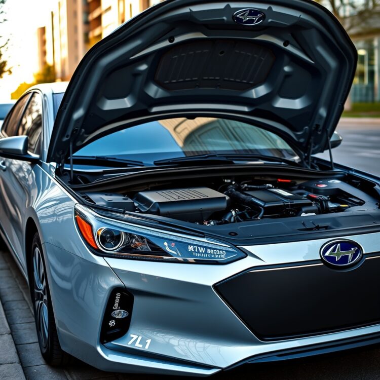 A modern hybrid car parked in an urban setting, with the hood slightly open to hint at mechanical inspection, focusing on the engine and battery area without any text.