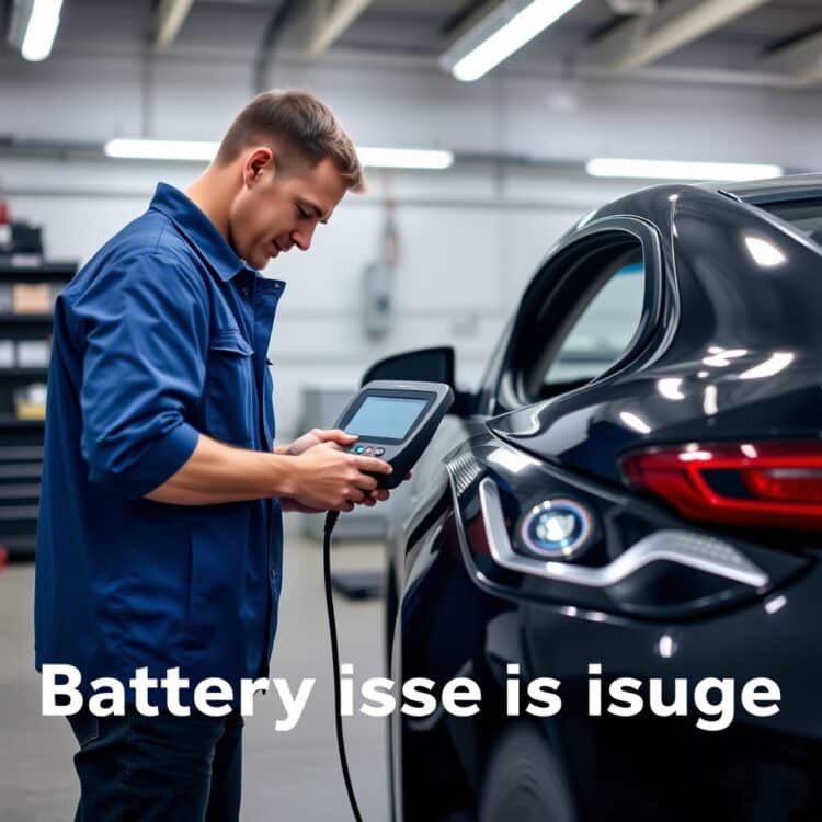 A professional mechanic using diagnostic equipment on a hybrid car in a well-lit garage, emphasizing the technical aspect of battery issue diagnosis without any text.