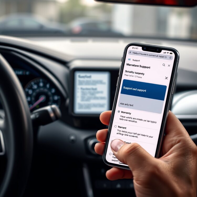 A close-up of a hybrid car's dashboard displaying warranty documents and a smartphone showing a manufacturer's support page, highlighting support and warranty topics without any text.