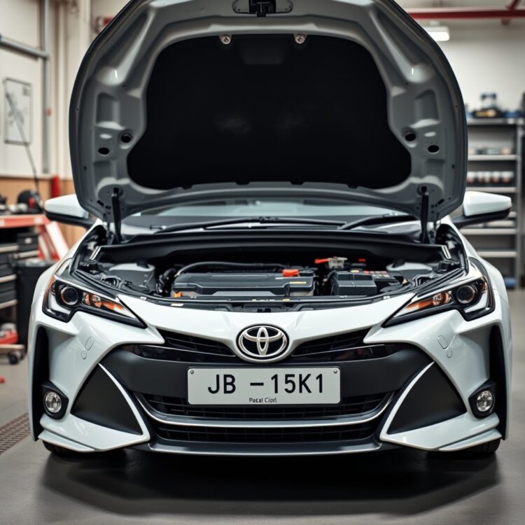 A professional stock photo of a Toyota hybrid car with its hood open, focusing on the battery compartment, showcasing the process of battery replacement in a UK garage setting.