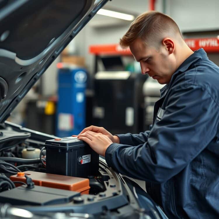 A high-quality stock image depicting a professional technician in a UK garage carefully installing a Toyota hybrid battery, highlighting the precision and expertise required for the task.