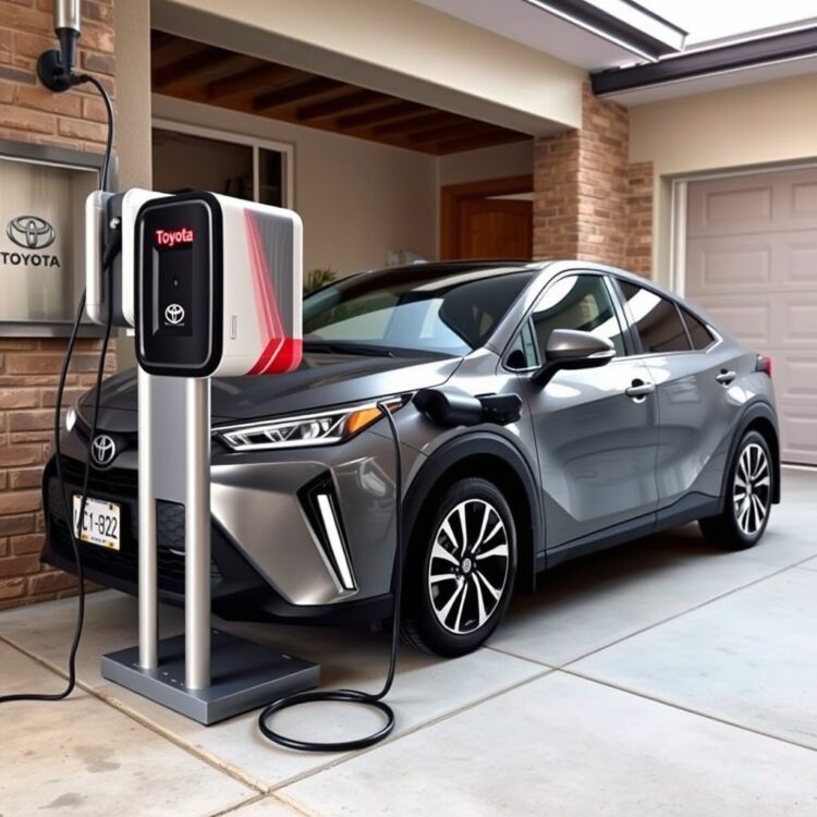A professional stock photo of a Toyota hybrid vehicle being charged at home, showcasing optimal charging practices and a well-maintained battery setup.