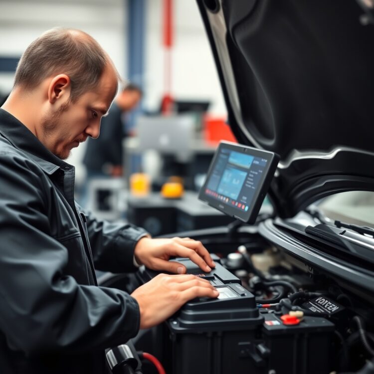 A high-quality stock image of a mechanic performing a diagnostic check on a Toyota hybrid battery, highlighting professional troubleshooting and care.