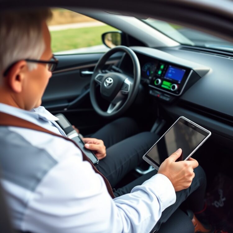 An engaging stock photo depicting a Toyota hybrid owner using a digital tablet to monitor battery health, emphasizing technology in long-term battery care strategies.