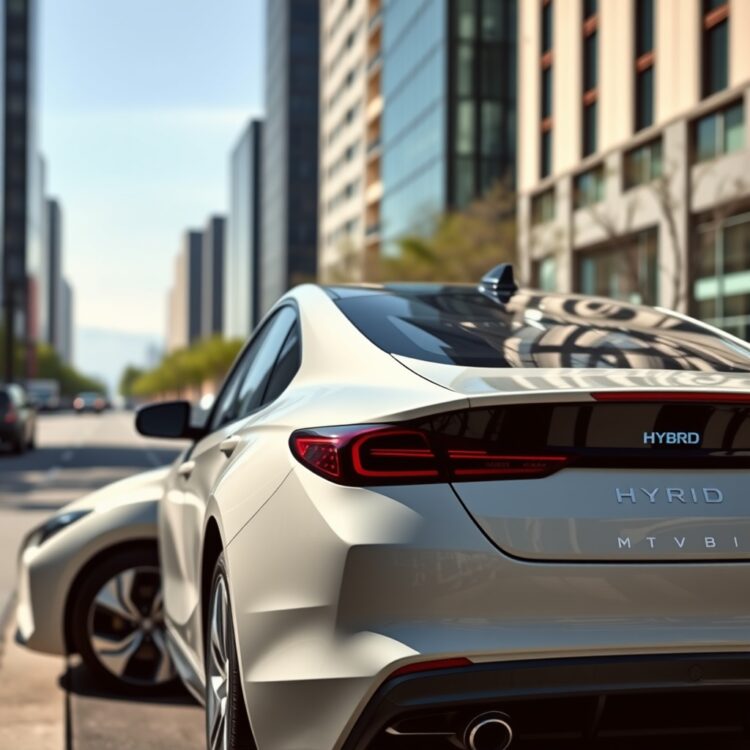 A sleek hybrid car parked in a modern city setting, showcasing its fuel efficiency with a digital dashboard displaying high MPG, under bright daylight.