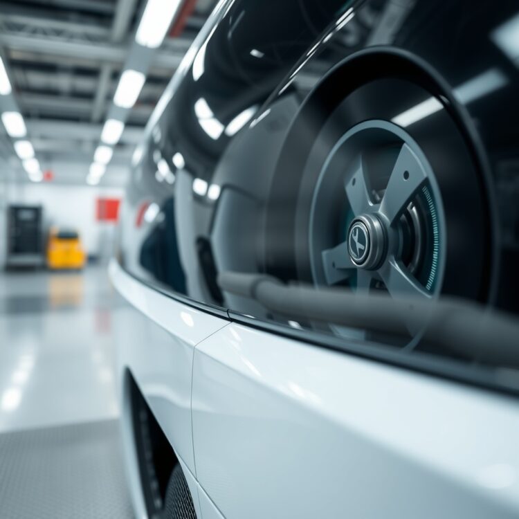 Close-up of a hybrid car's advanced battery technology and regenerative braking system, highlighting innovation in a clean, high-tech automotive workshop.