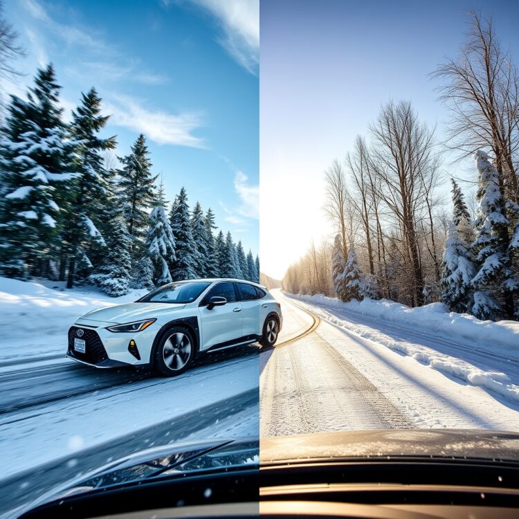 A hybrid car being driven in extreme weather conditions, demonstrating its reliability and performance in both snow-covered roads and under the scorching sun.