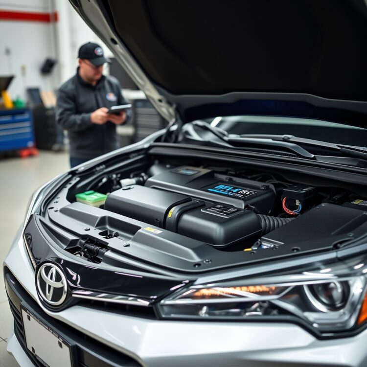A professional stock photo of a Toyota hybrid vehicle with its hood open, showcasing the hybrid battery compartment, with a service technician in the background checking the battery status.
