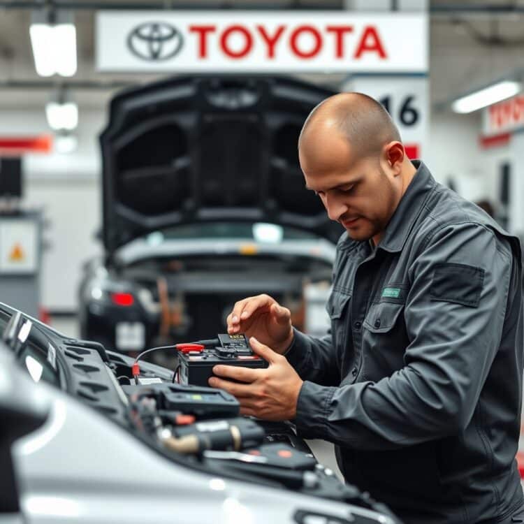 A high-quality stock image of a Toyota service center, featuring a technician performing a hybrid battery replacement, with focus on the battery and tools used in the process.