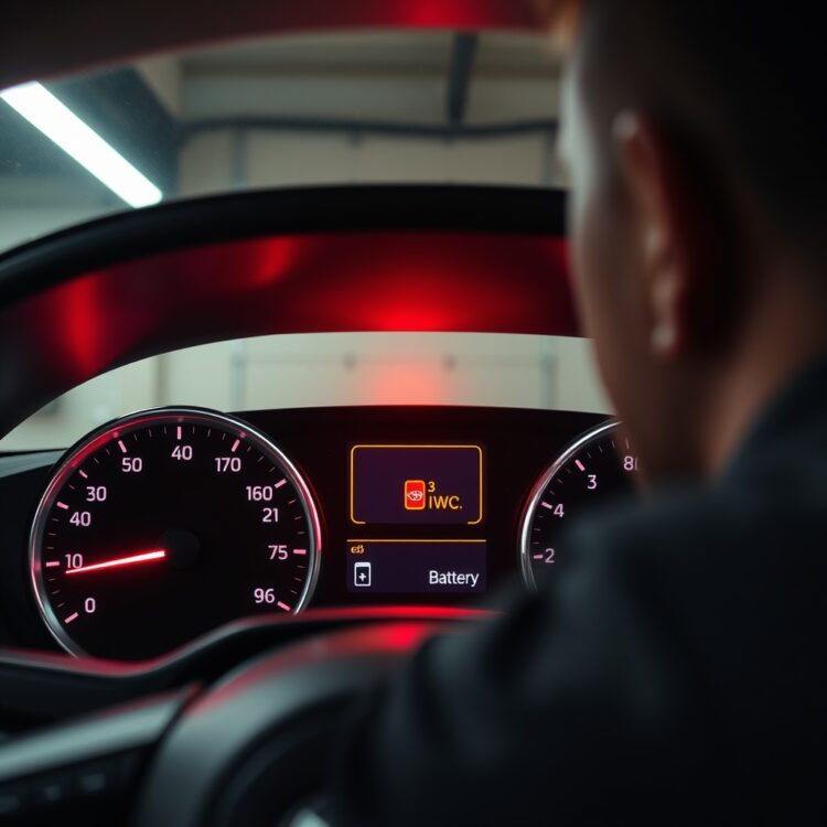 A professional stock photo depicting a Toyota hybrid dashboard warning light indicating battery issues, with a concerned owner looking at the dashboard in a well-lit garage setting.