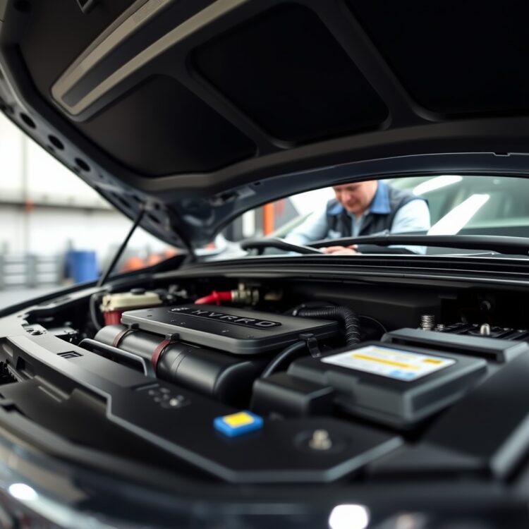 A professional stock photo of a hybrid vehicle with its hood open, focusing on the battery area, with a mechanic in the background checking the battery, symbolizing extended warranty and hybrid battery coverage.