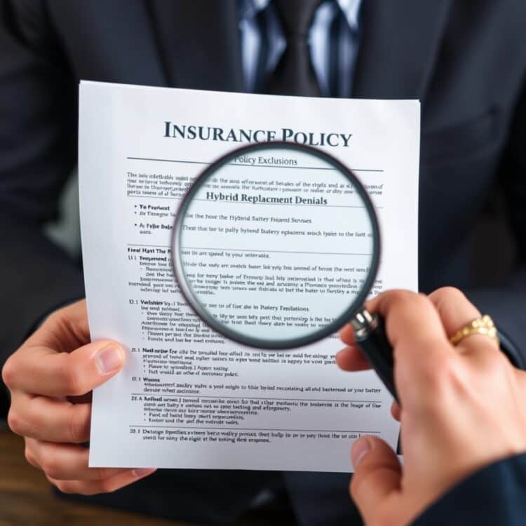 A high-quality stock image depicting a person reviewing an insurance policy document with a magnifying glass, highlighting the importance of understanding policy exclusions and common reasons for hybrid battery replacement denials.
