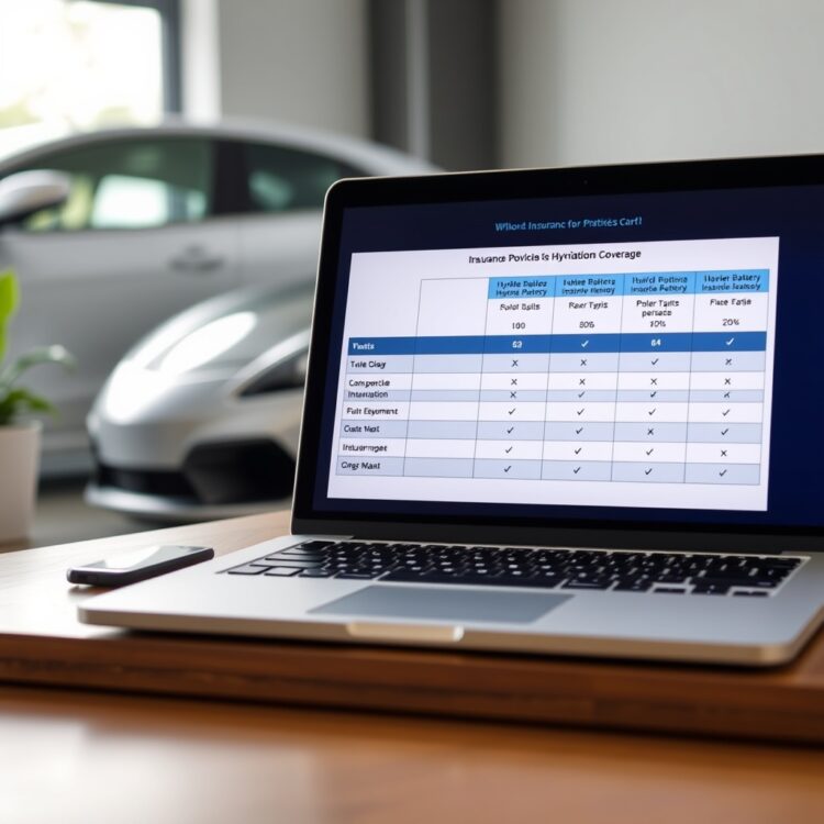 A professional stock photo showing a comparison chart of insurance policies on a laptop screen, with a hybrid car in the background, representing the comparison of insurance providers for hybrid battery coverage.