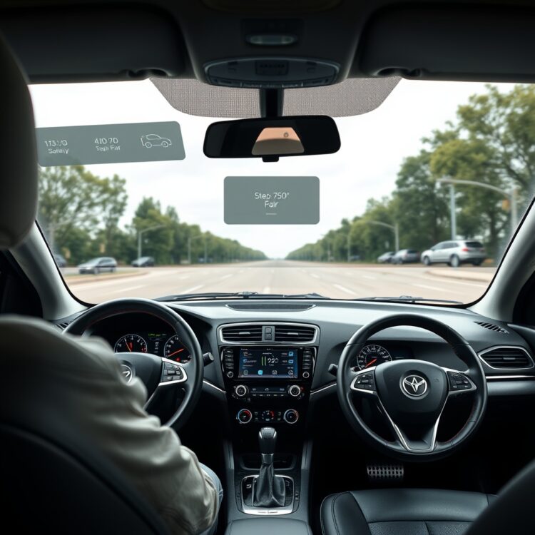 A high-quality stock image showing a modern car dashboard with advanced safety features, contrasted with an older car's simpler dashboard, emphasizing technological evolution.