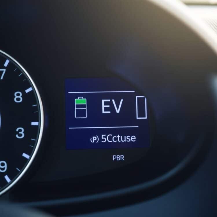 A close-up of a hybrid car dashboard showing the battery level indicator and EV mode button, highlighting the importance of proper charging practices.
