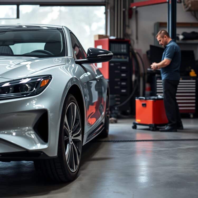 A hybrid car parked in a garage with a technician performing specialised maintenance, emphasising the unique needs of hybrid system servicing.