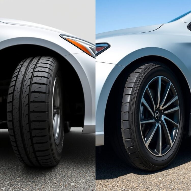 A side-by-side comparison of hybrid-specific tires and regular tires on a hybrid car, showcasing the importance of choosing the right tires for fuel efficiency.