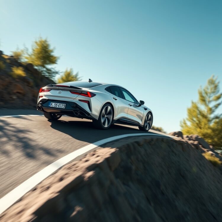 A sleek hybrid vehicle struggling to accelerate on a steep hill, highlighting performance limitations.