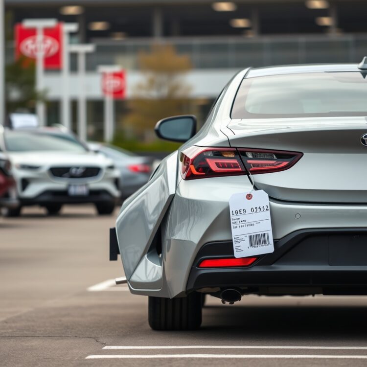 A used hybrid car on a dealership lot with a price tag, illustrating resale value concerns.