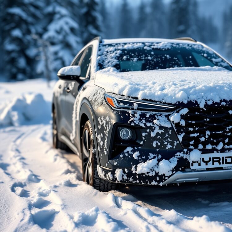 A hybrid vehicle covered in snow, showcasing challenges in extreme weather conditions.
