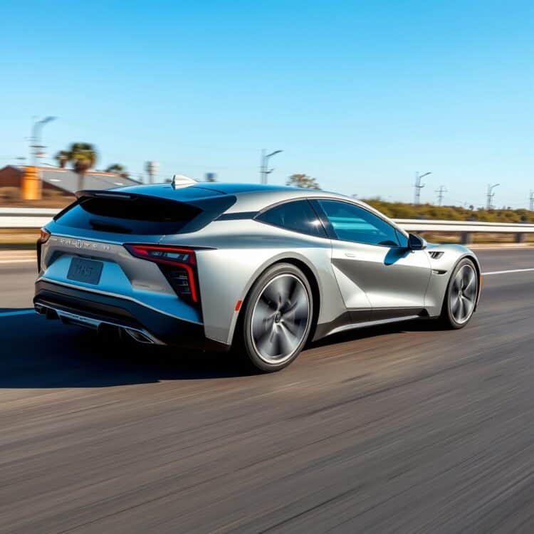 A sleek hybrid car driving on a highway with a clear blue sky, symbolizing reduced emissions and sustainable travel.