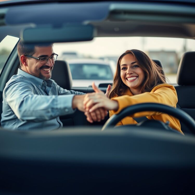 A professional stock photo depicting a happy individual sharing their first car experience, with a focus on the emotional aspect of choosing between an old or new vehicle.