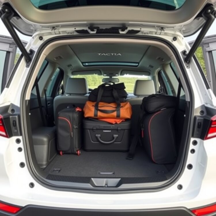 A spacious and comfortable interior of a hybrid car with luggage neatly packed, highlighting practicality for long journeys.