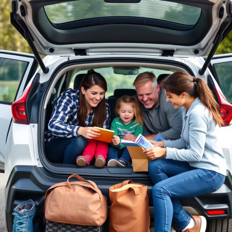 A happy family preparing their hybrid car for a long trip, checking the maintenance checklist and packing essentials.