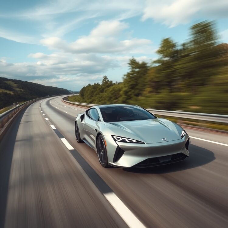 A sleek hybrid vehicle cruising on a highway at high speed, showcasing its aerodynamic design and efficiency at 70mph, with a focus on the powertrain and battery system.